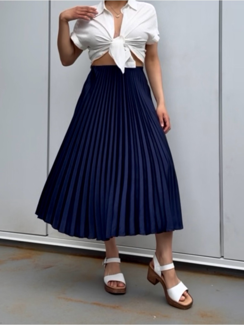 Pleated Satin Midi Skirt - Navy - Picture 3 of 5